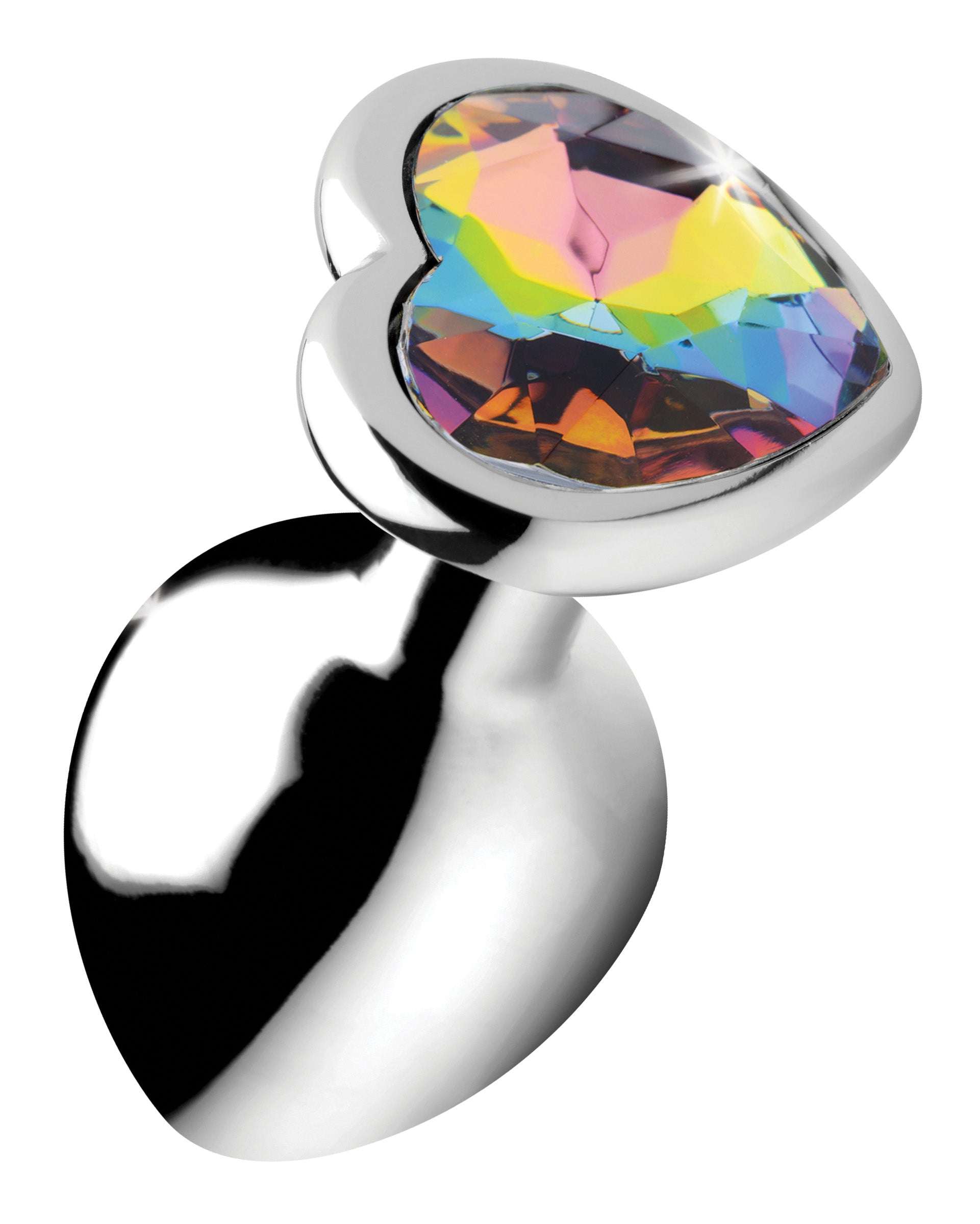 Rainbow Prism Heart-shaped anal plug with multi-colored gem and smooth nickel-free aluminum alloy finish for comfortable wear and temperature play.