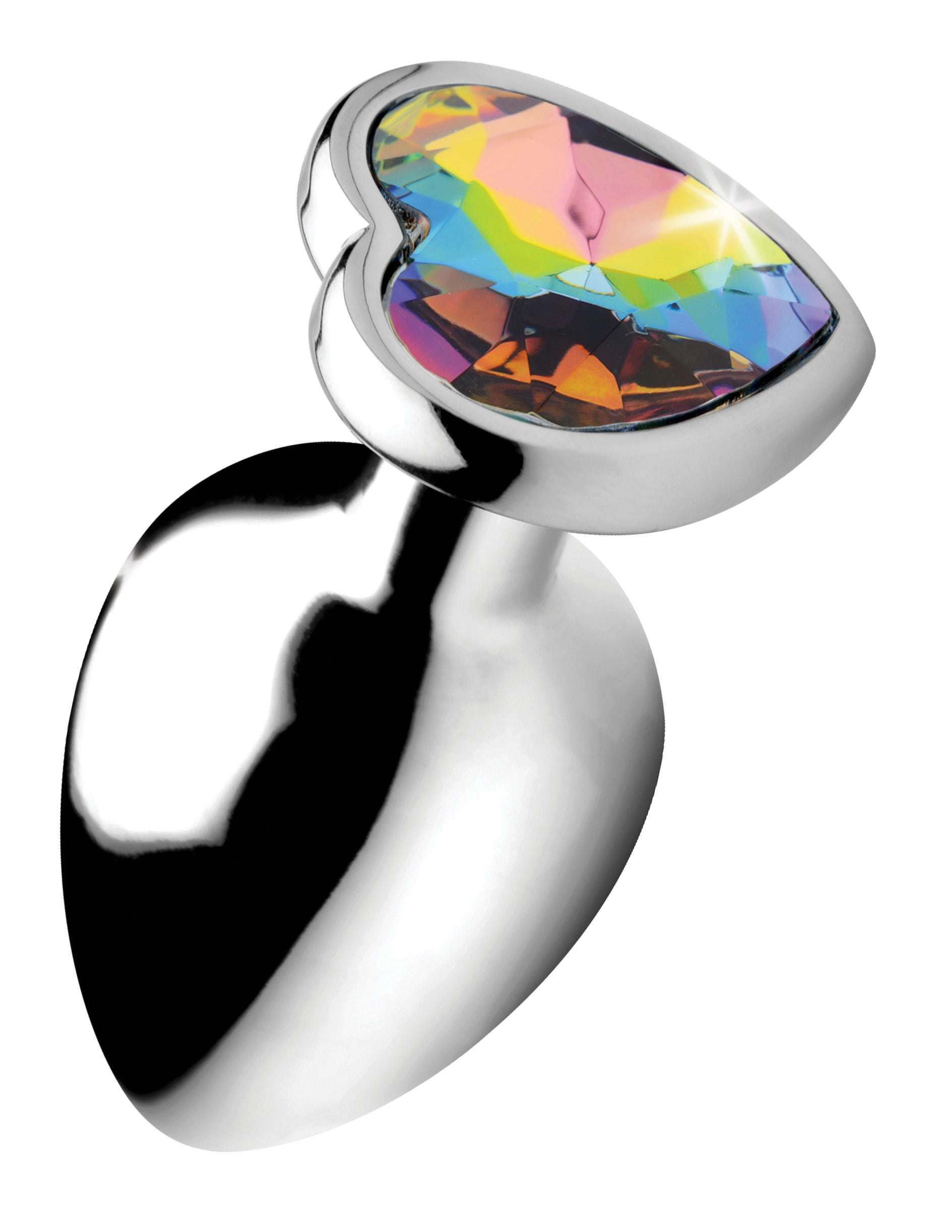 Rainbow Prism Heart-shaped nickel-free aluminum anal plug with colorful prism gem and smooth finish