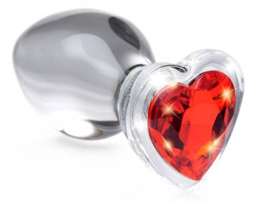 Medium-sized clear glass anal plug with a red heart-shaped gem base, designed for pleasure and aesthetic appeal.