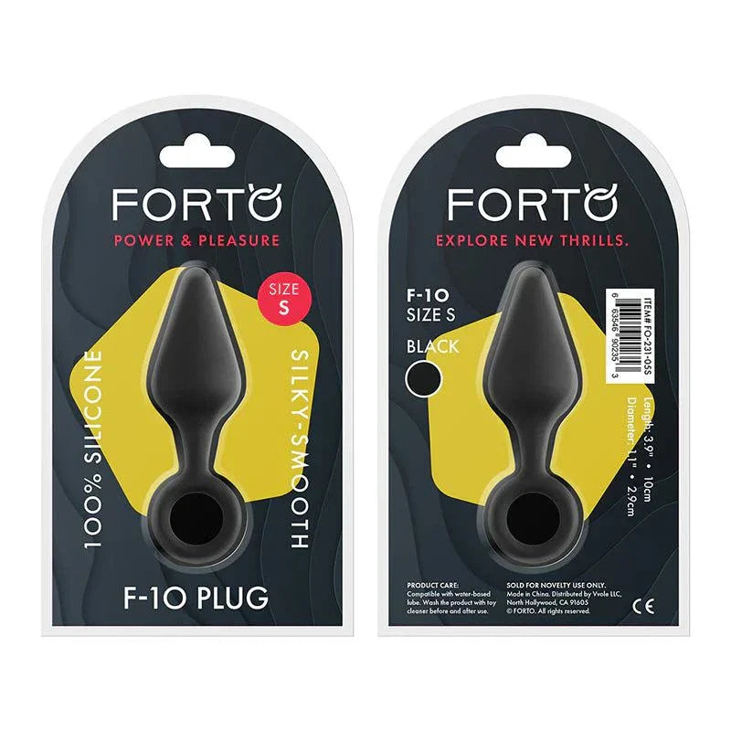 Forto F-10 Silicone Anal Plug with pull ring, black, size S, smooth 100% silicone design in retail packaging