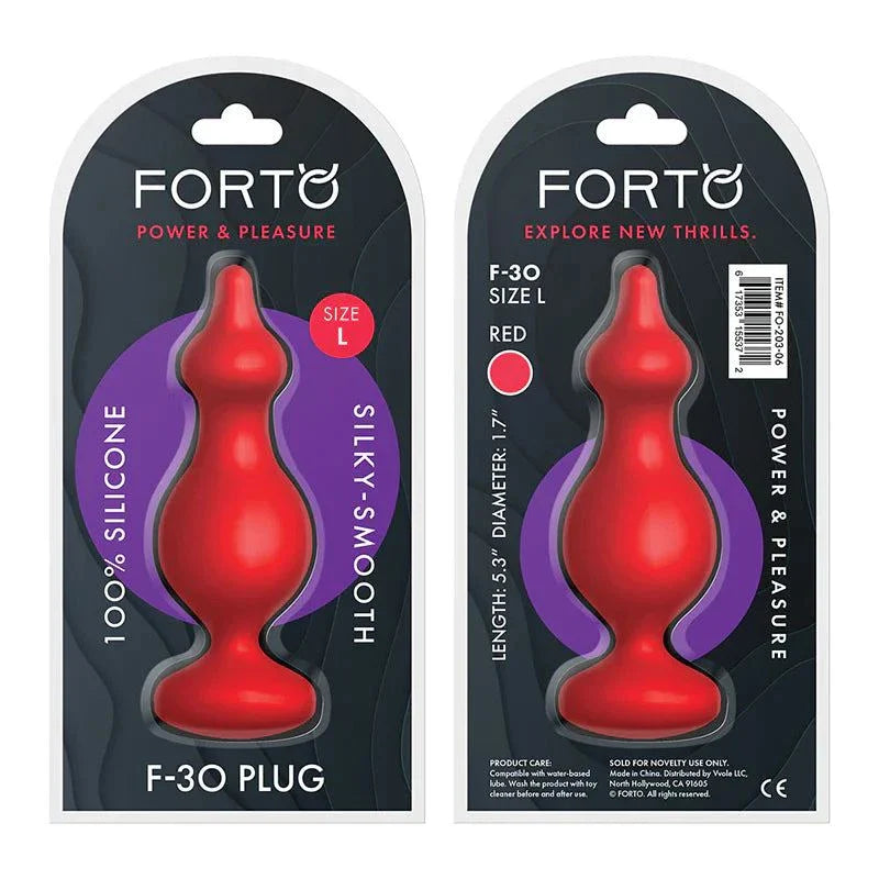 Red Forto F-30 Pointer large silicone anal plug in black packaging with purple accents, showing front and back views
