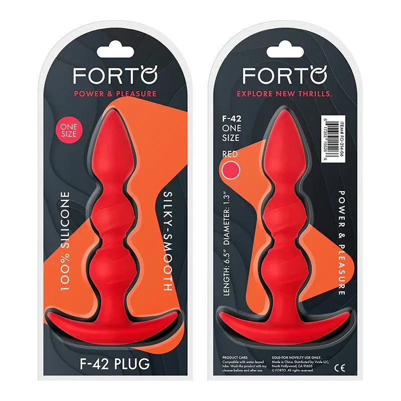 Forto F-42 Spiral Beads red silicone anal plug with textured spiral beads and ergonomic flared base in retail packaging
