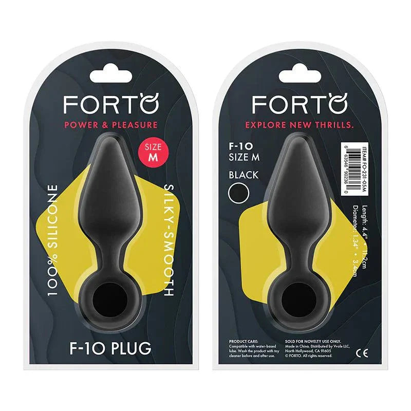 Forto F-10 Silicone Anal Plug with Pull Ring in black, size M, packaged for intimate pleasure and easy removal