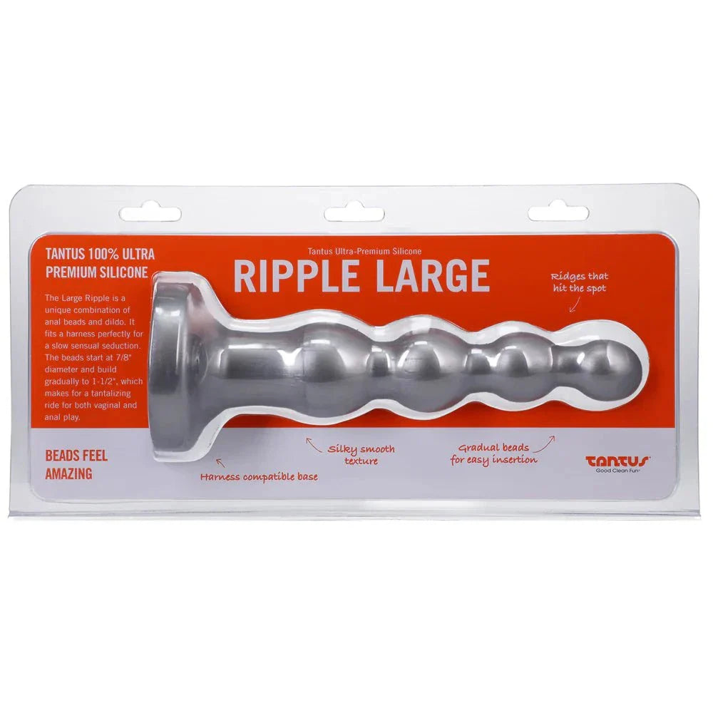 Tantus Ripple 8 in. anal beads dildo in silver with textured graduated beads and wide base in clear packaging