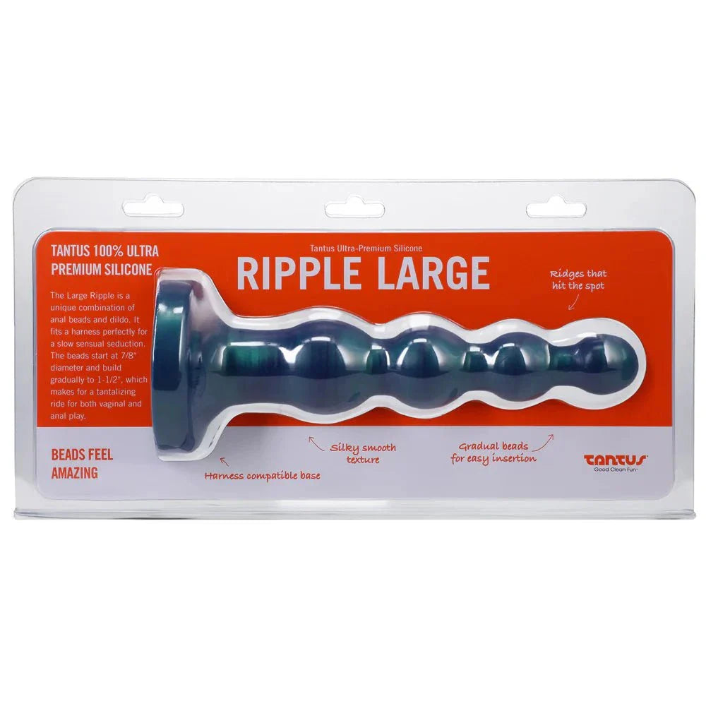 Tantus Ripple 8 inch firm to medium-firm silicone anal beads dildo with textured ripples and harness compatible base in packaging