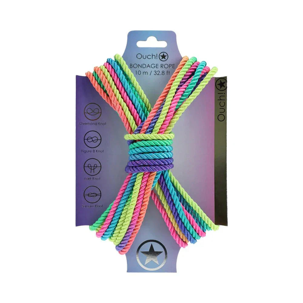 Ouch! Bondage Rope 10m nylon in colorful twisted design for versatile restraint play
