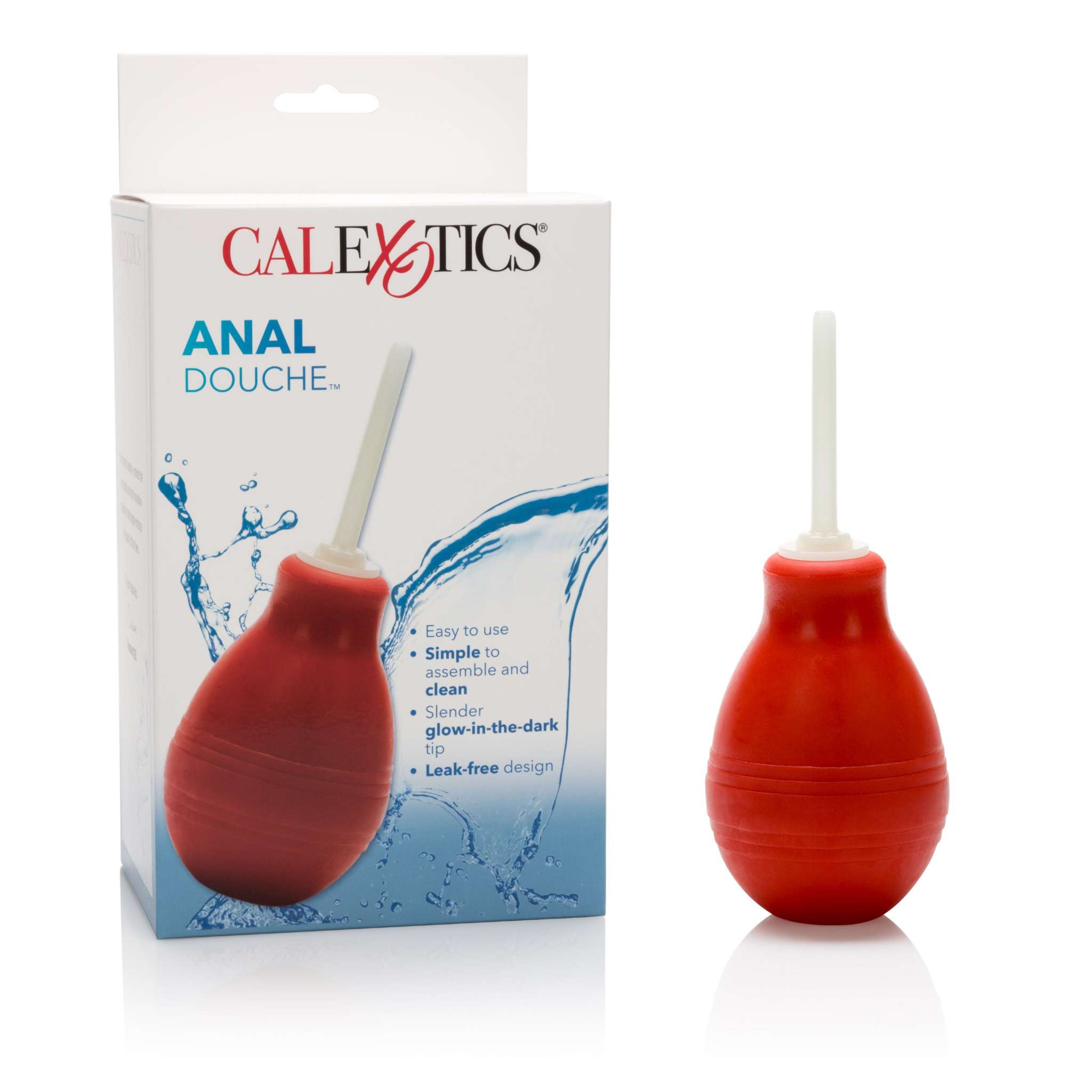 Red anal douche with glow-in-the-dark applicator and ergonomic design for easy use and cleaning