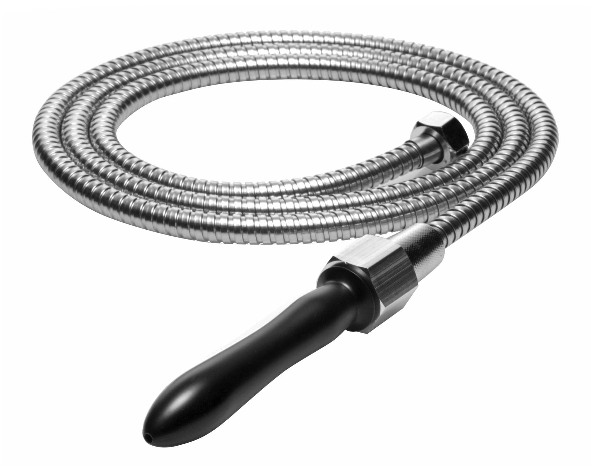 Clean Stream Aqua Shot shower enema cleansing system with flexible aluminum hose and black nozzle attachment.