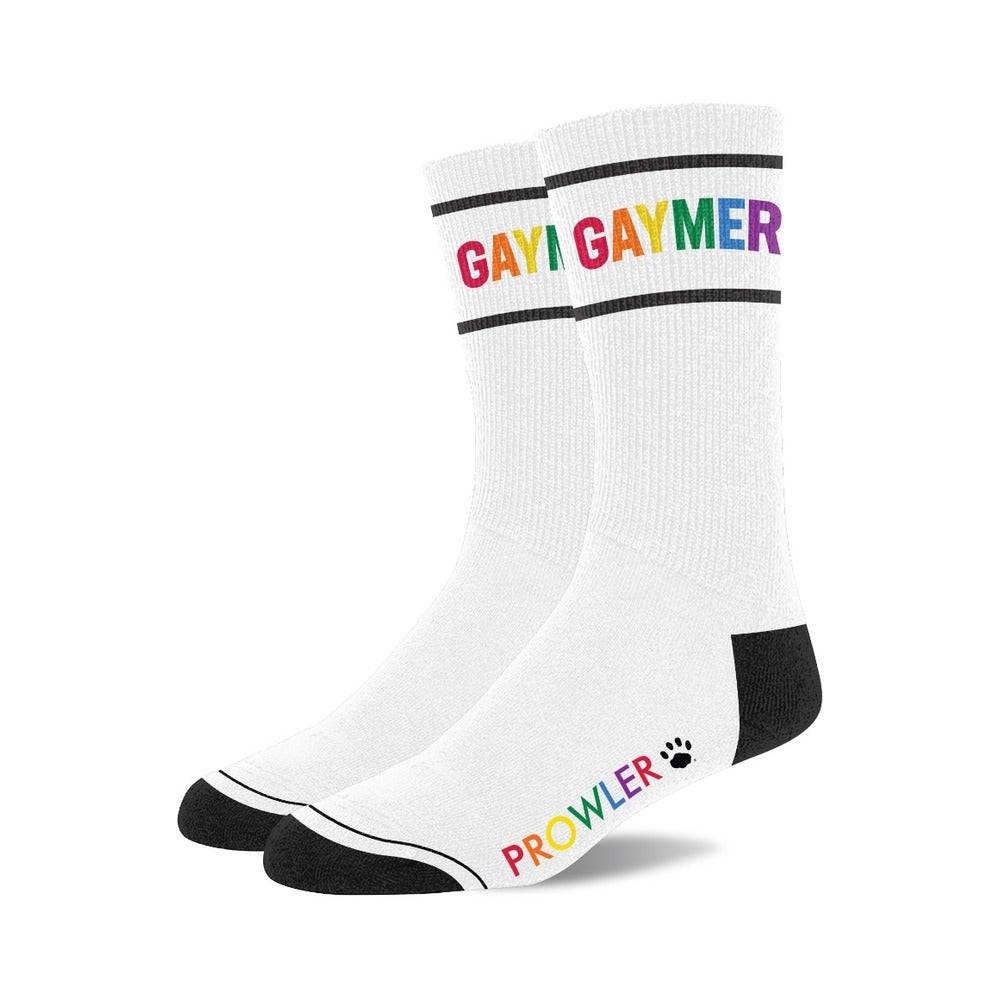 White Prowler Collection Premium themed socks with rainbow "GAYMER" lettering and black heel, toe, and accents.