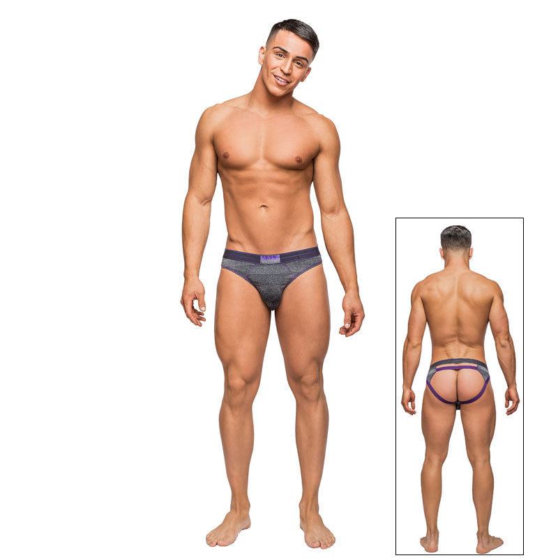 Male model wearing Male Power Heather gray cutout thong with purple accents and peek-a-boo waistband panels, front and back view, size Large/XL