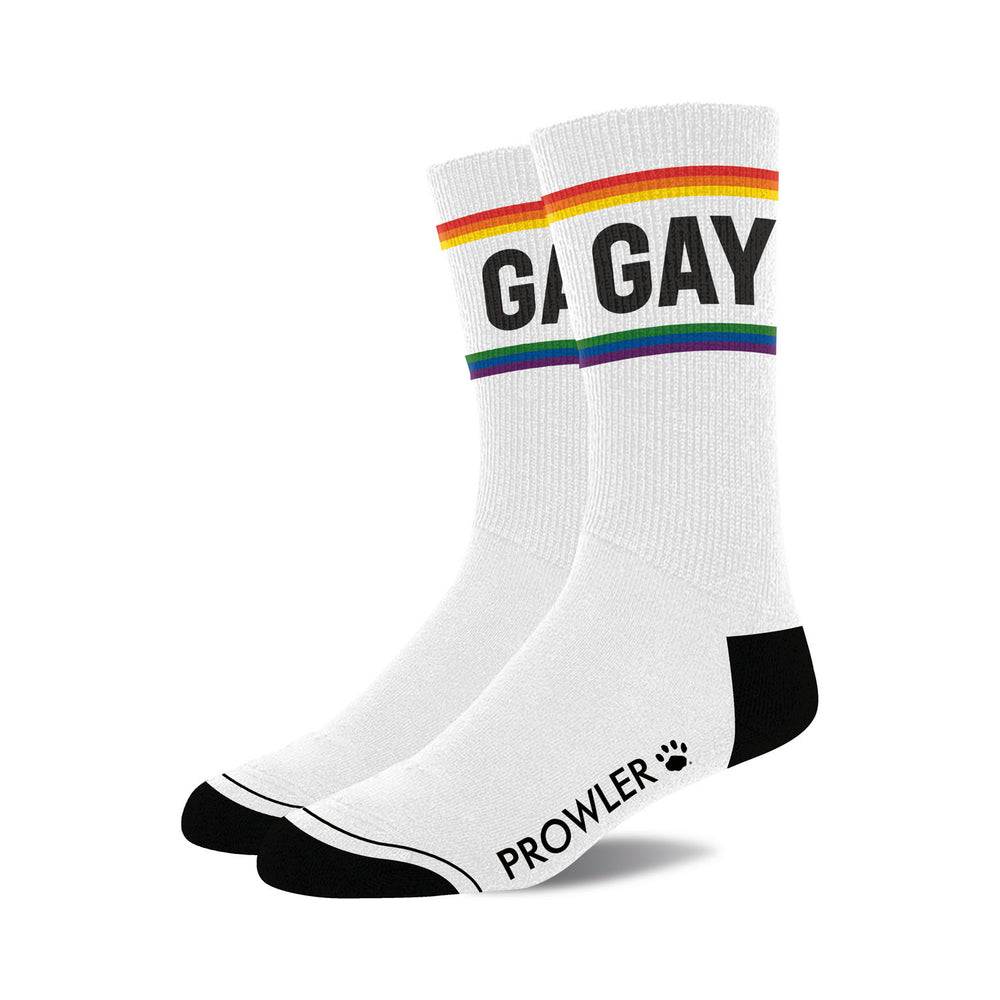 Prowler Gay Socks with white base, rainbow stripes, black toes and heels, and Gay text on the band.