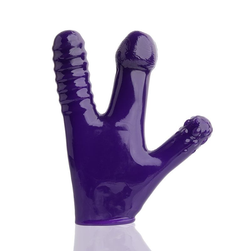 Eggplant-colored CLAW fetish glove with three textured finger extensions made from flexible rubbery material.