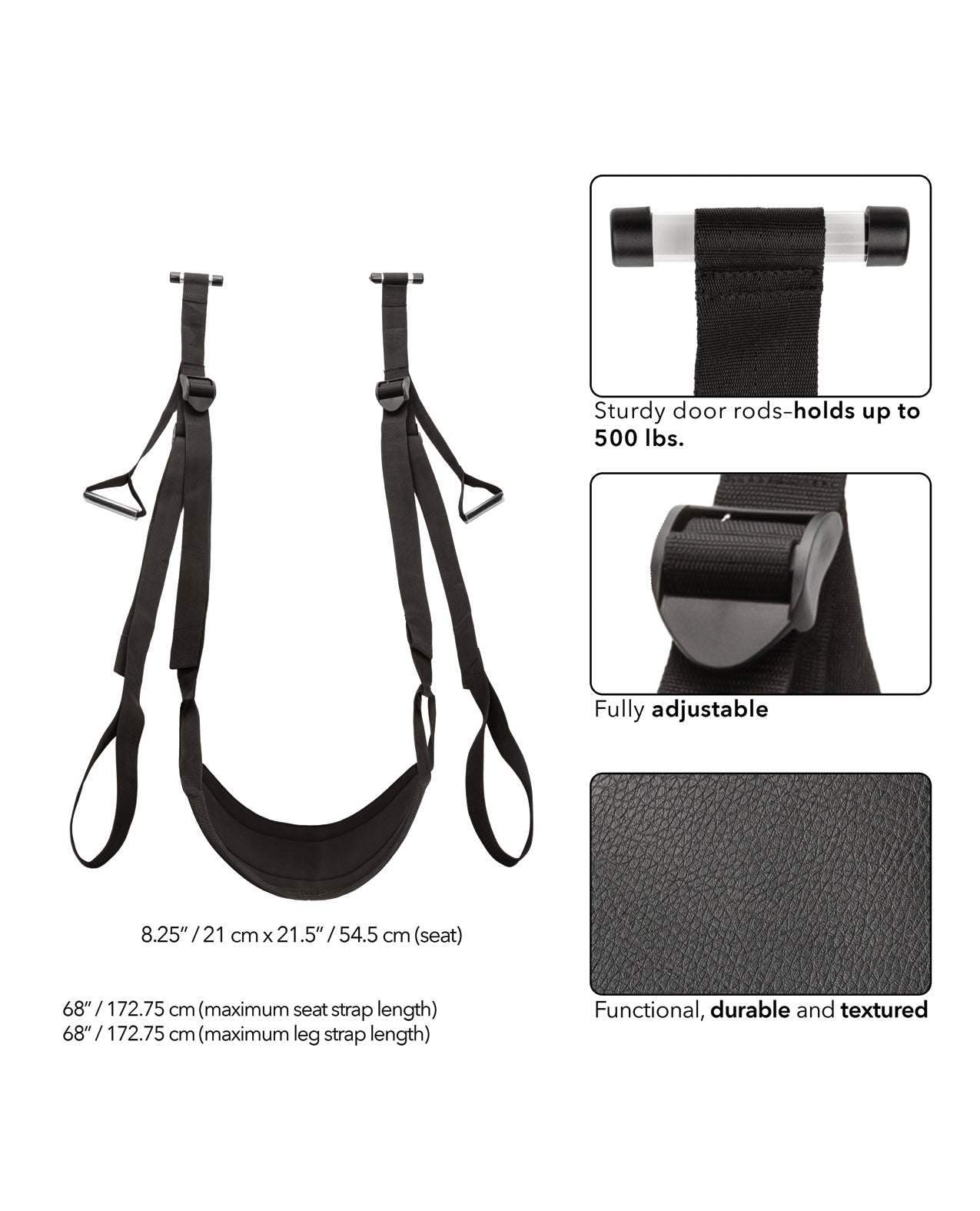 Nocturnal Collection Sex Swing in black with sturdy door rods, adjustable straps, padded seat, durable textured design, supports up to 500 lbs.