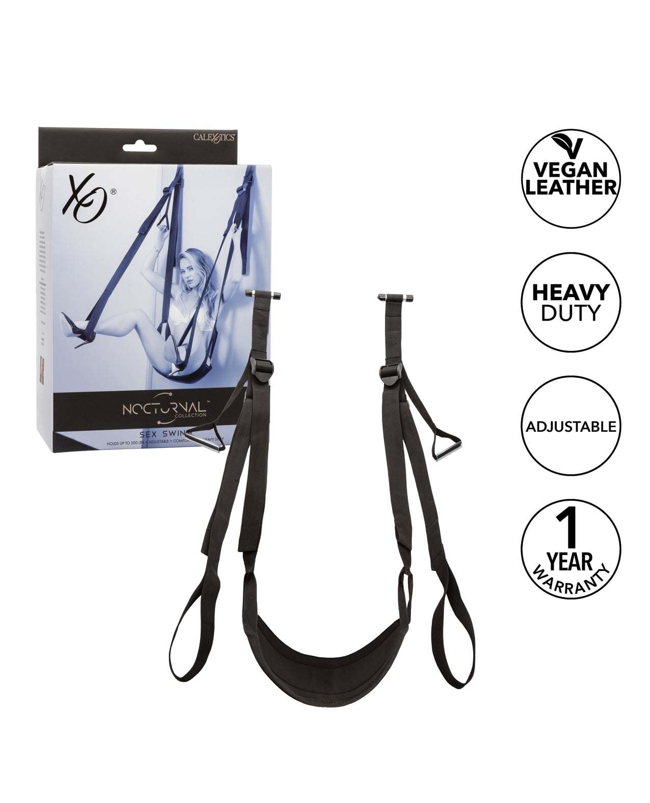 Nocturnal Collection Sex Swing in black with adjustable straps, padded seat, heavy-duty design, and vegan leather finish.