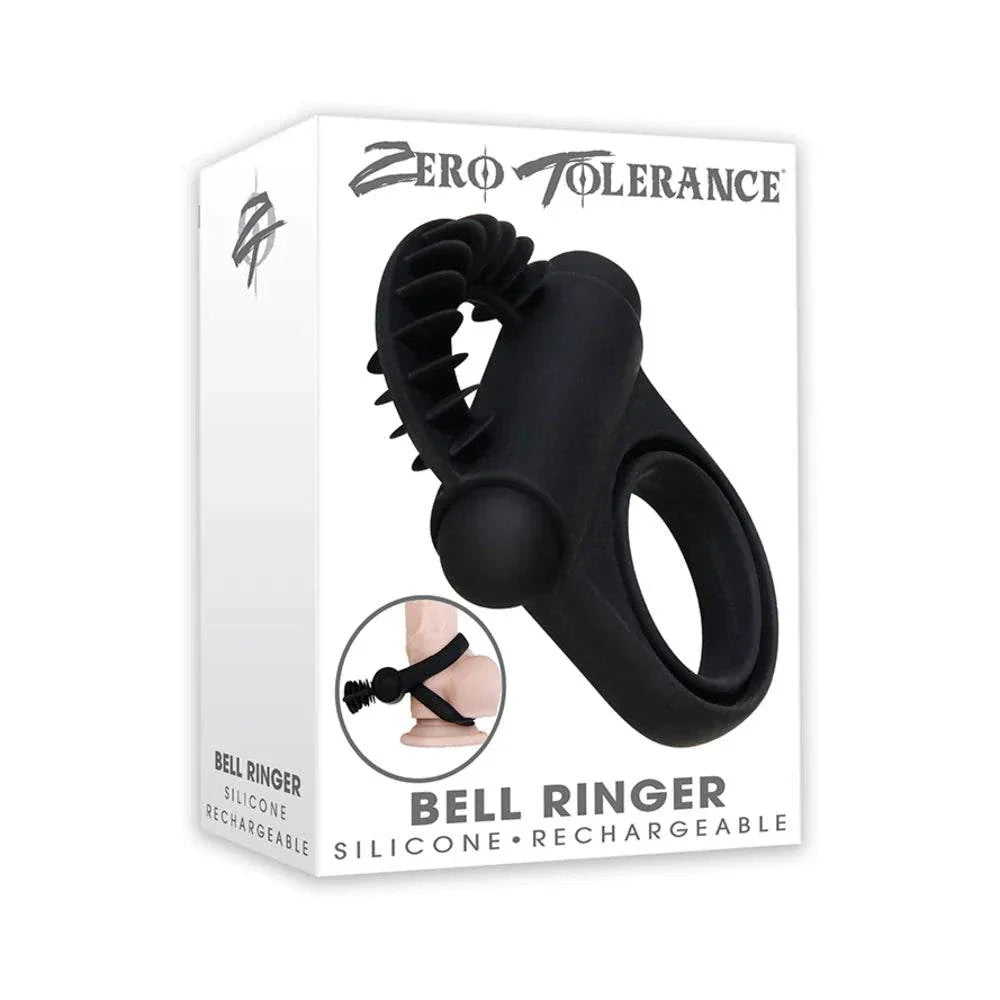 Zero Tolerance Bell Ringer rechargeable black silicone vibrating cockring with flicking ticklers for enhanced pleasure