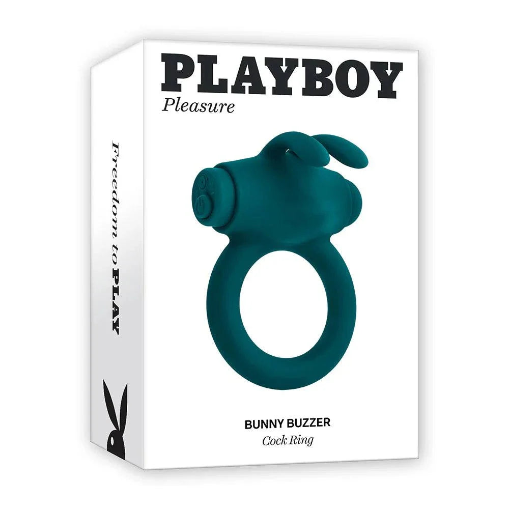 Playboy Bunny Buzzer rechargeable teal silicone vibrating cock ring with stimulator and bunny ears