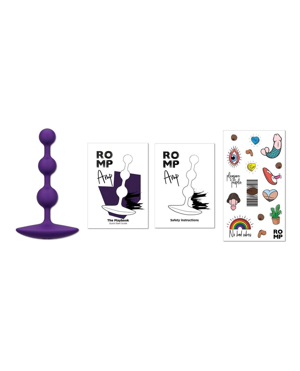 Violet Romp Amp flexible silicone anal beads with packaging and stickers for enhanced pleasure and safe use.