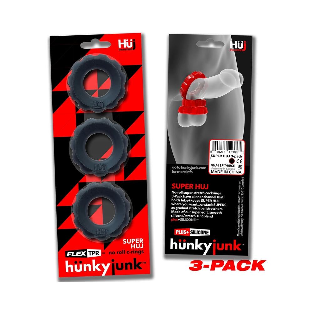 Hunkyjunk SuperHuj 3-Pack Cockrings with no-roll design and lube channel, stretchable silicone-TPR blend rings for firm fit and ball stretching.