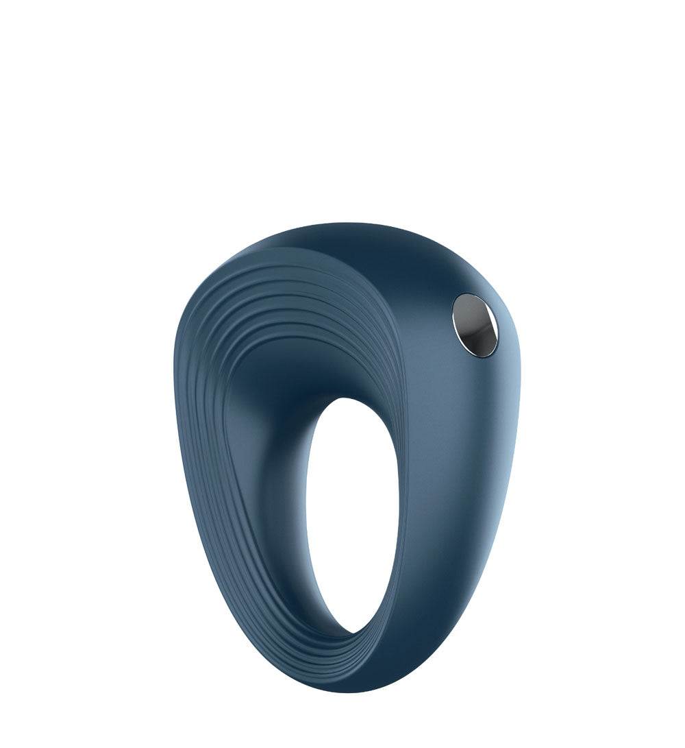 Satisfyer Power Rings cockring in blue flexible silicone with ribbed texture and vibration button, waterproof and body-safe.
