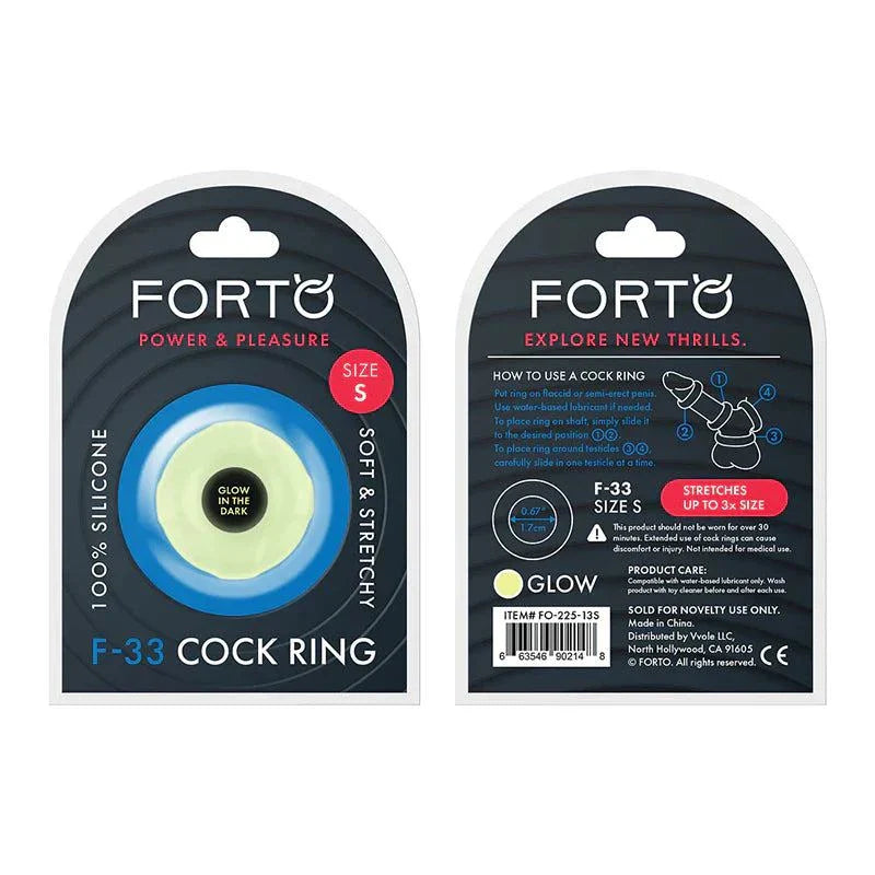 Forto F-33 Liquid Silicone cockring in size small, glow-in-the-dark, soft and stretchy for enhanced pleasure and performance.