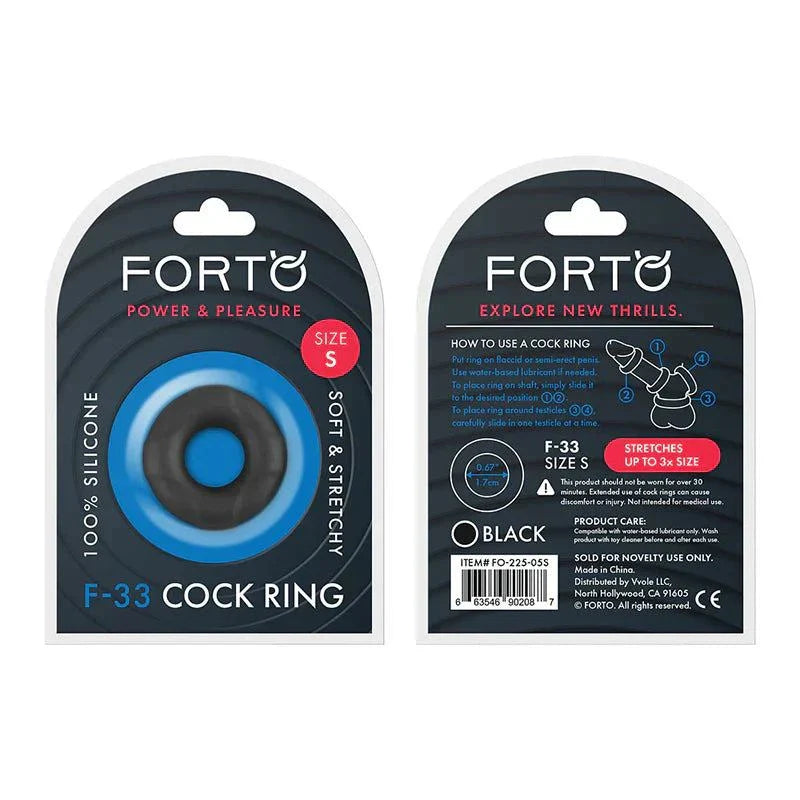 Forto F-33 liquid silicone cockring in black, size S, soft and stretchy for enhanced pleasure and performance.