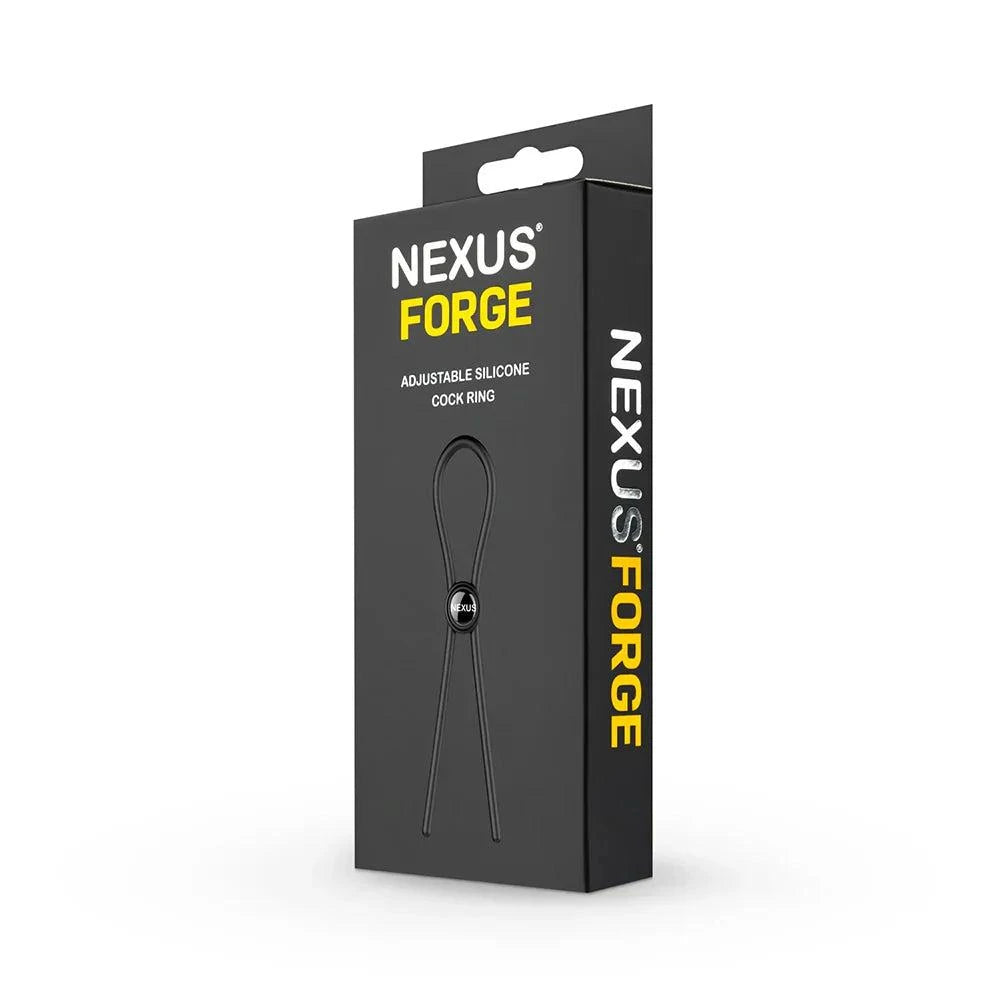 Nexus Forge Adjustable Silicone Lasso Cockring in black packaging.