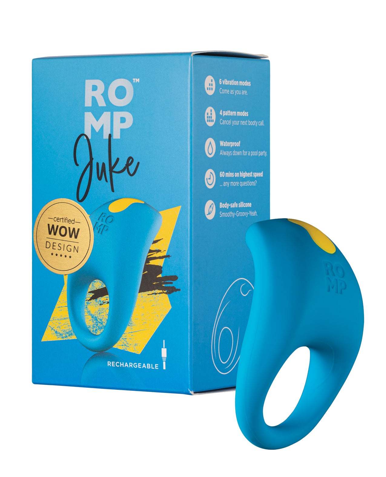 ROMP Juke Cockring in blue with vibrating silicone design, rechargeable, waterproof, and multiple vibration settings for enhanced pleasure.
