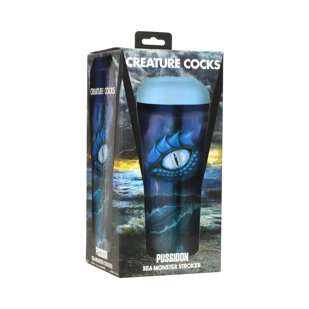 Creature Cocks Pussidon Sea Monster stroker in blue with textured design and open-ended case packaging.