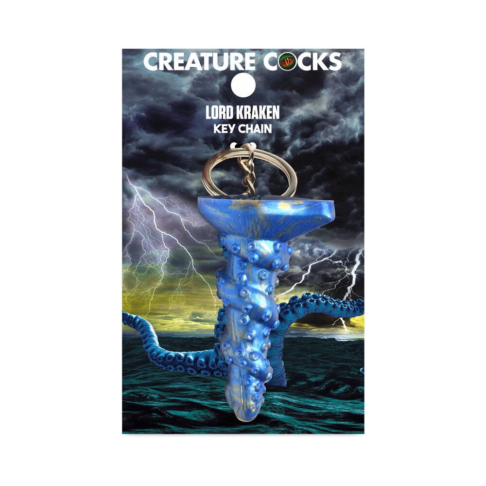 Creature Cocks Lord Kraken blue and gold silicone tentacle keychain with metal ring on fantasy ocean storm background packaging