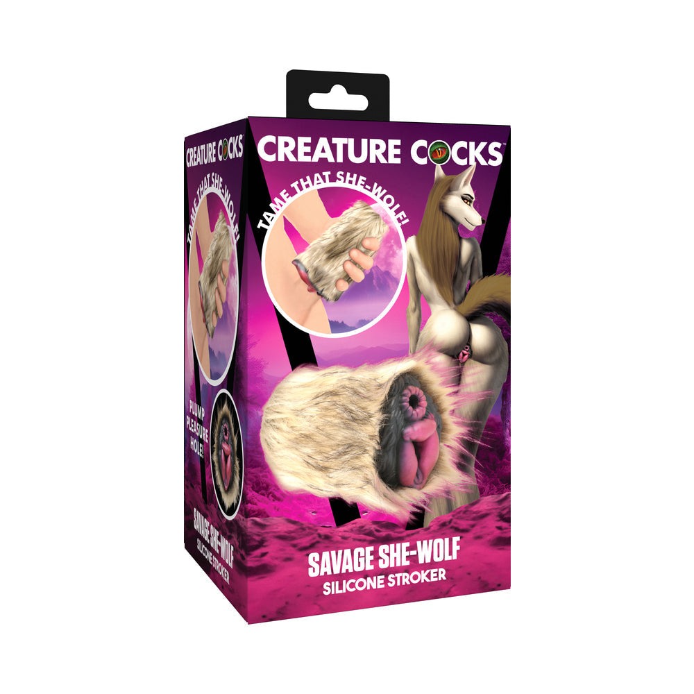 Creature Cocks Savage She-Wolf silicone stroker with realistic fur and dual textured openings for enhanced pleasure