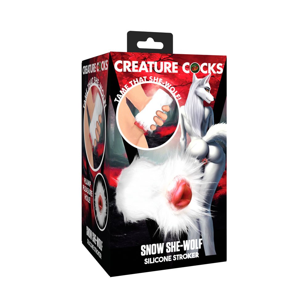 Creature Cocks Snow She-Wolf silicone stroker with detachable white fur and textured red interior for wolf fantasy pleasure.