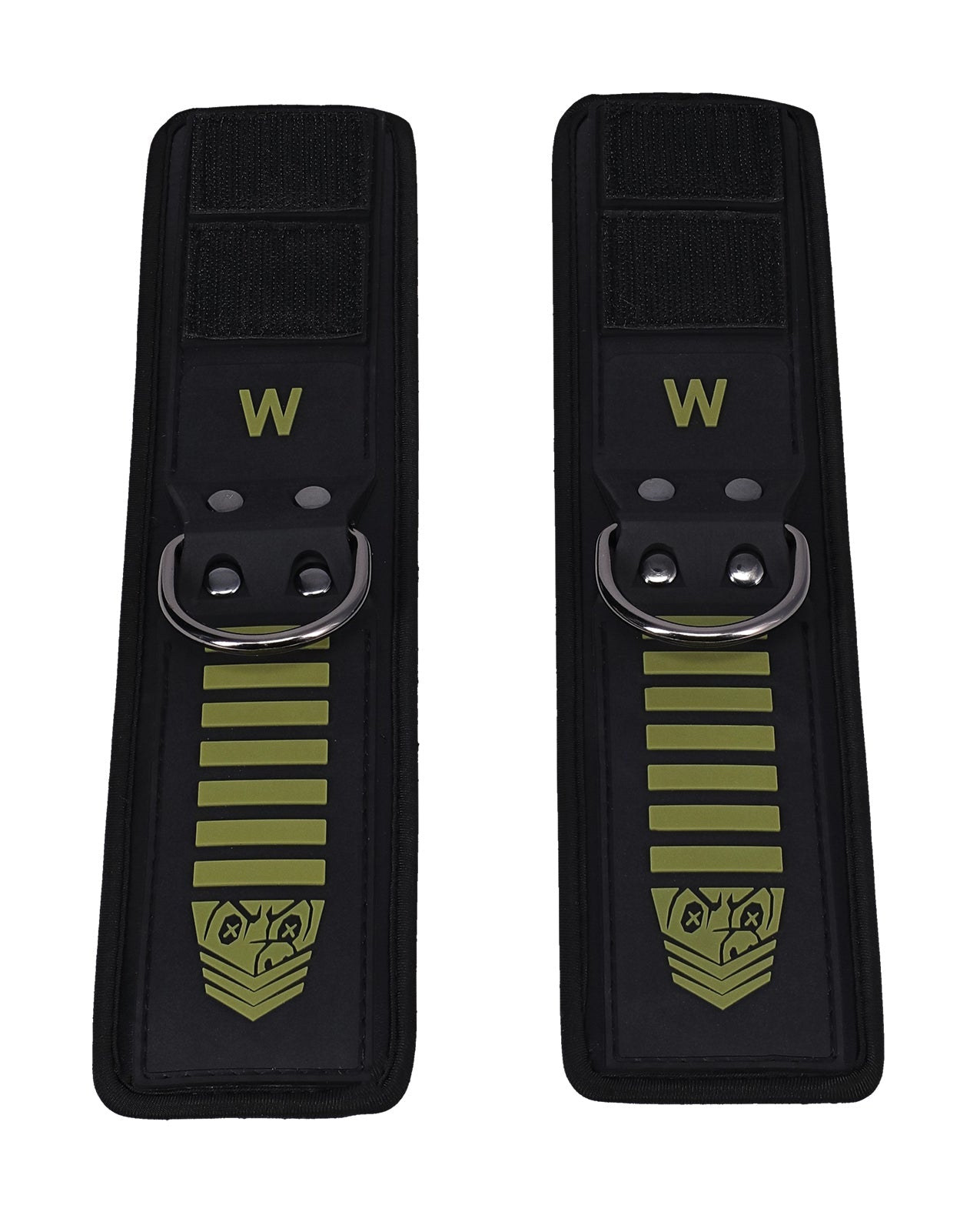 Pair of black and green Fort Troff Tactical Wrist Cuffs with Velcro closure and neoprene lining