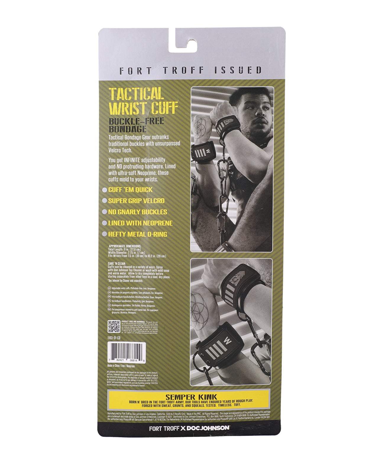 Fort Troff Tactical Wrist Cuffs in black and green with buckle-free adjustable Velcro and neoprene lining for comfortable tactical bondage use