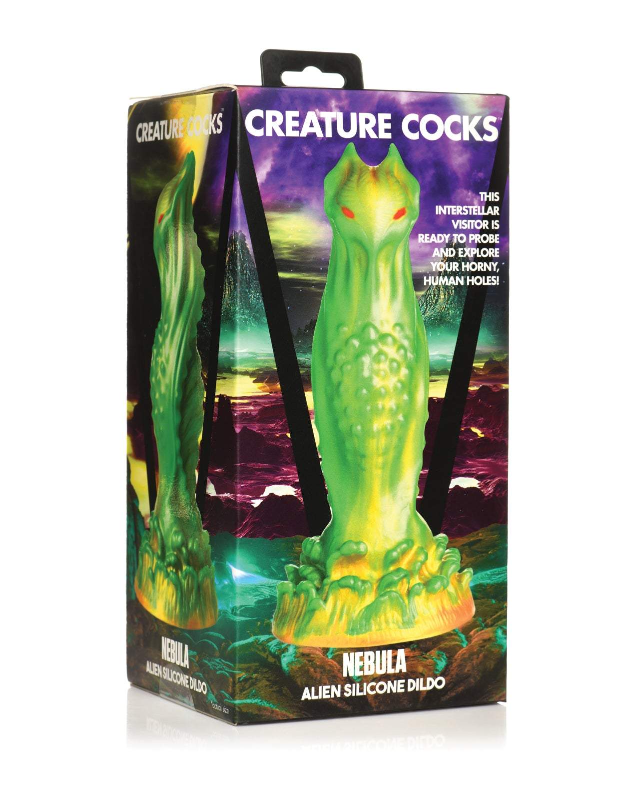 Creature Cocks Nebula Alien green and gold silicone dildo with red eyes and suction base packaging