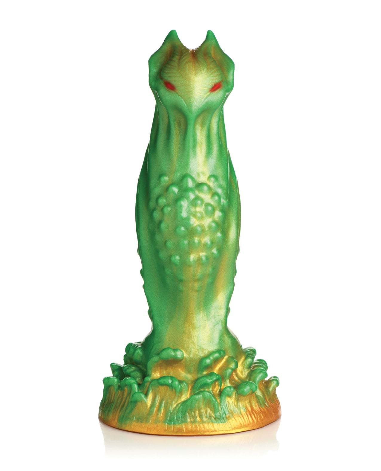 Creature Cocks Nebula Alien silicone dildo with green and gold design, red eyes, textured chest, and suction cup base.