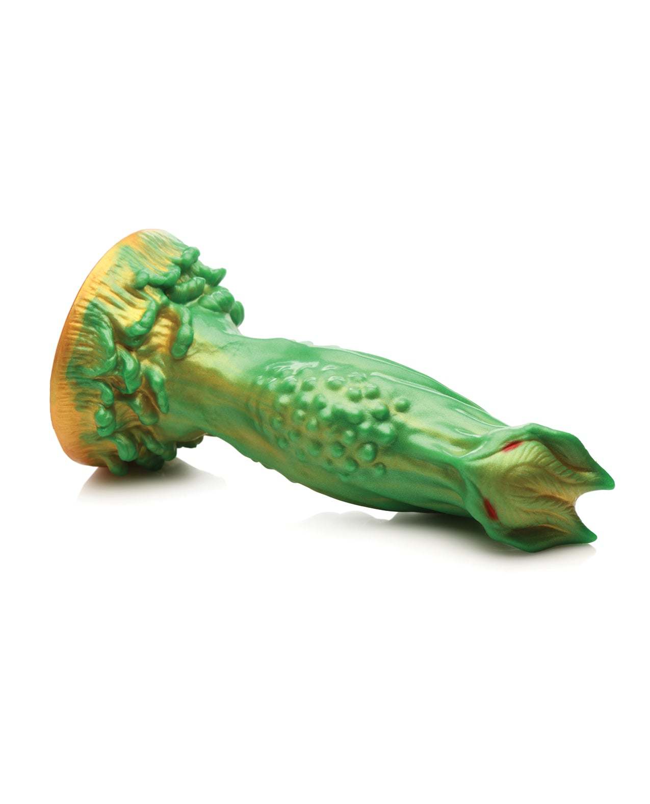 Creature Cocks Nebula Alien silicone dildo with green and gold skin, textured surface, red eyes, and suction cup base designed for cosmic-themed pleasure.