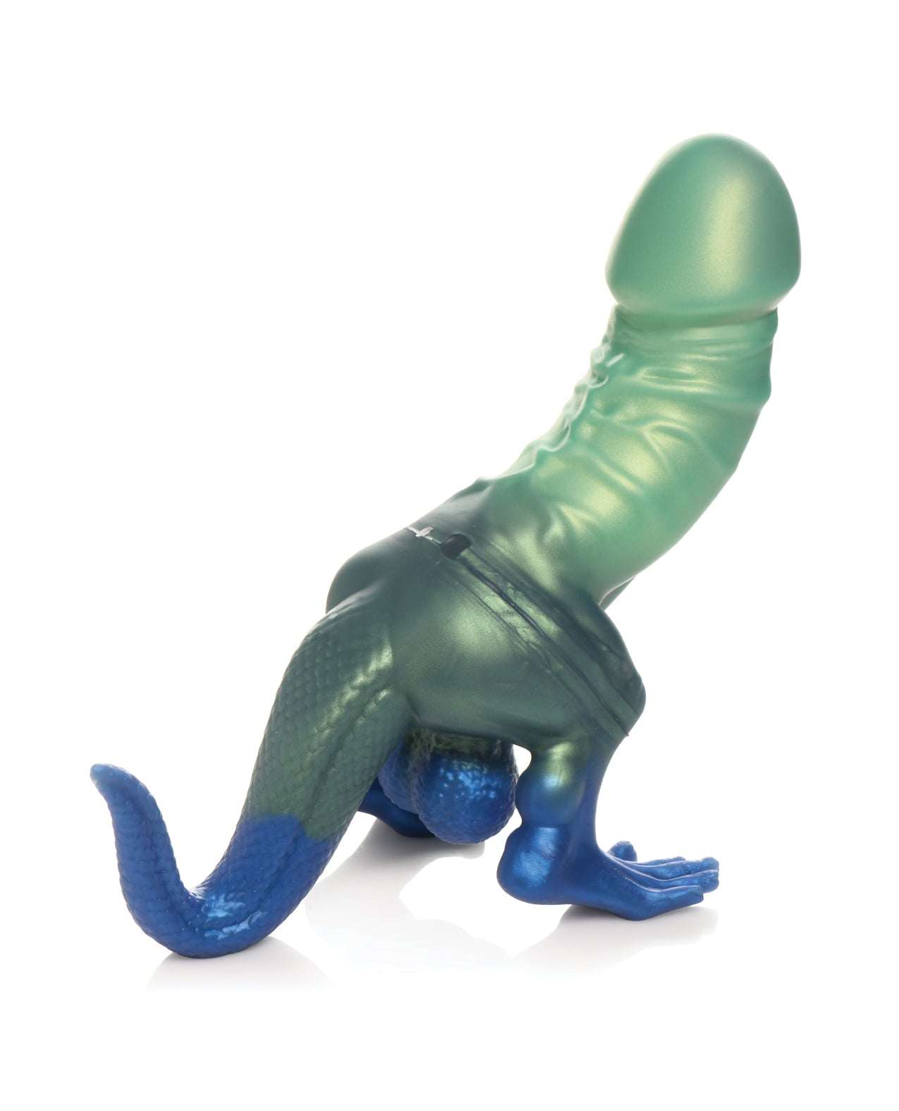 Creature Cocks Jurassic Cock dinosaur-themed silicone dildo with glittering blue and green hues, curved textured shaft, suction base, and playful details.