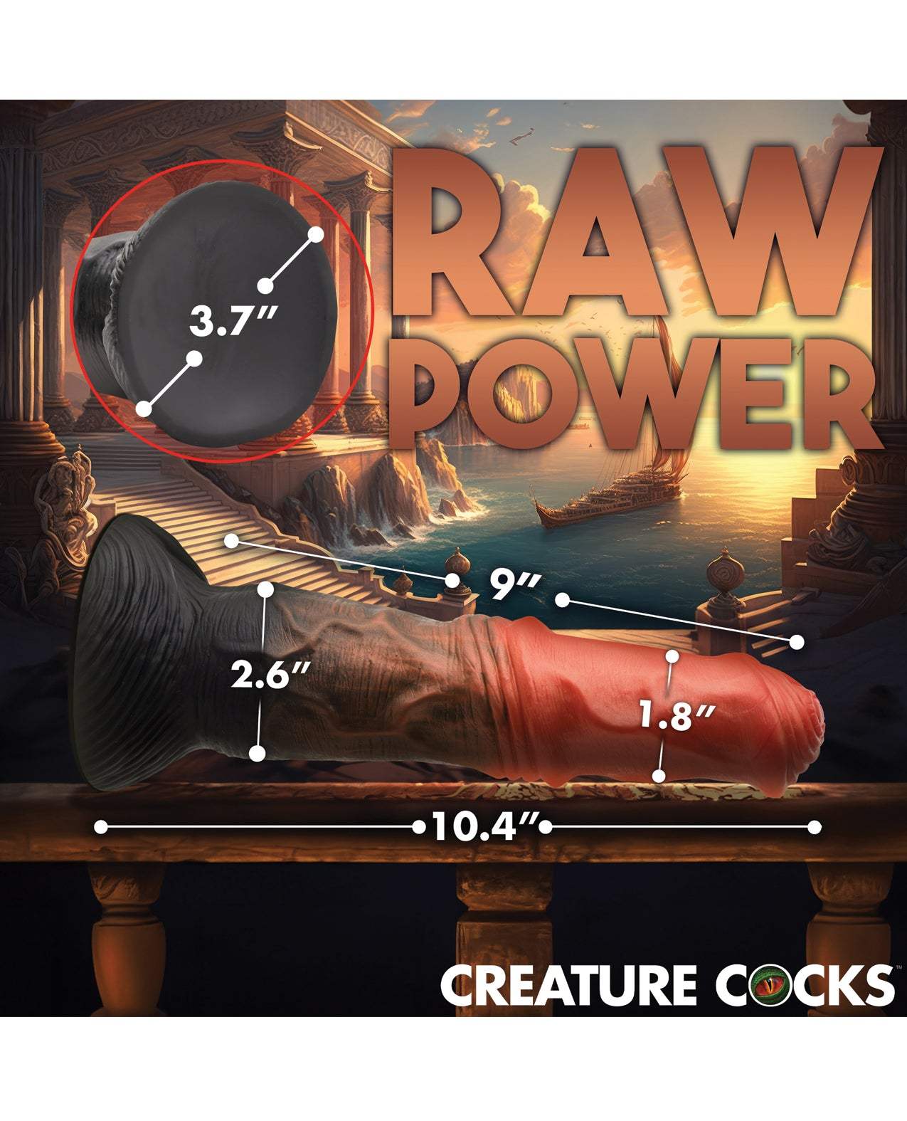 Multi-color Creature Cocks Centaur Silicone Dildo with suction base and detailed texture, 10.4 inches length and 3.7 inches suction cup diameter