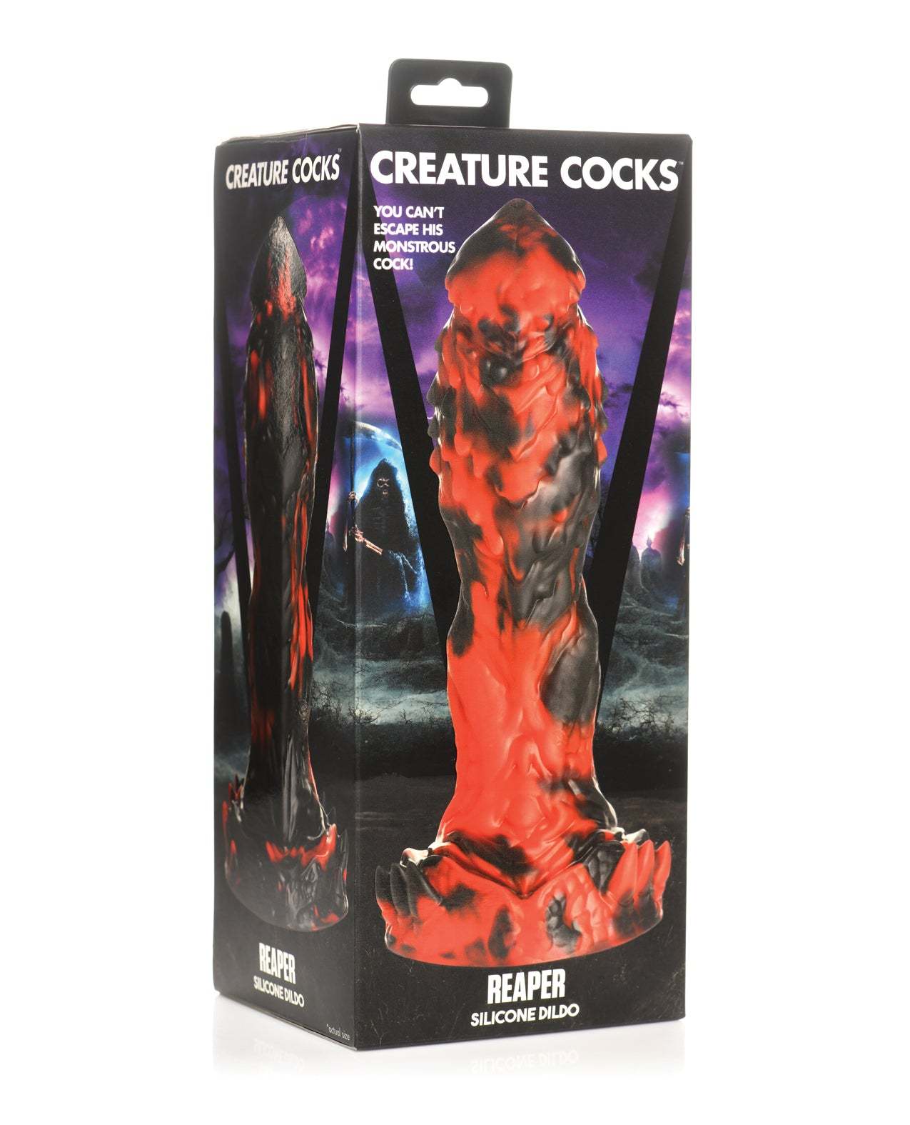 Creature Cocks Grim Reaper Silicone Dildo in red and black with textured ridges and suction cup base packaging.