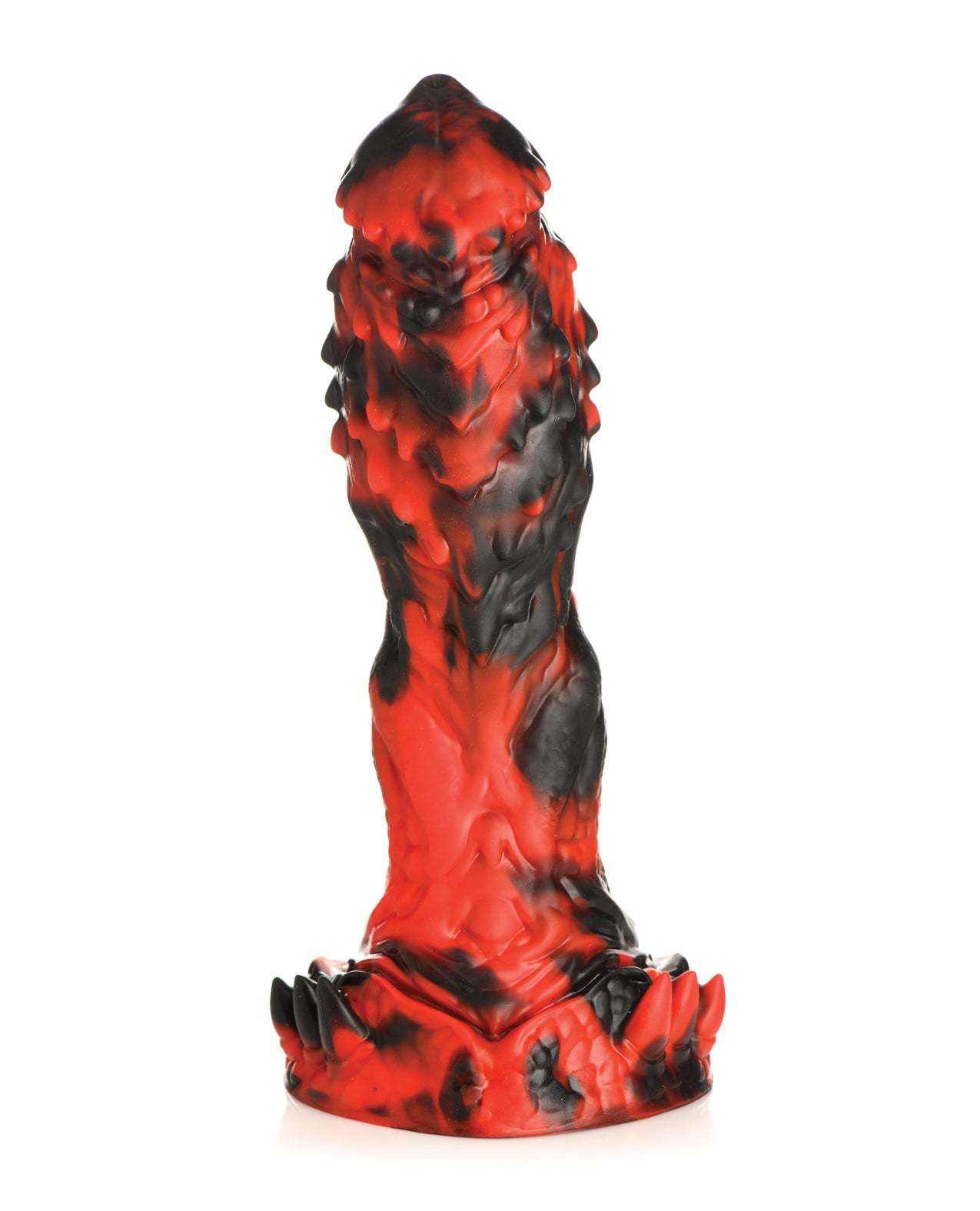 Red and black Creature Cocks Grim Reaper Silicone Dildo with textured ridges and suction cup base for hands-free use