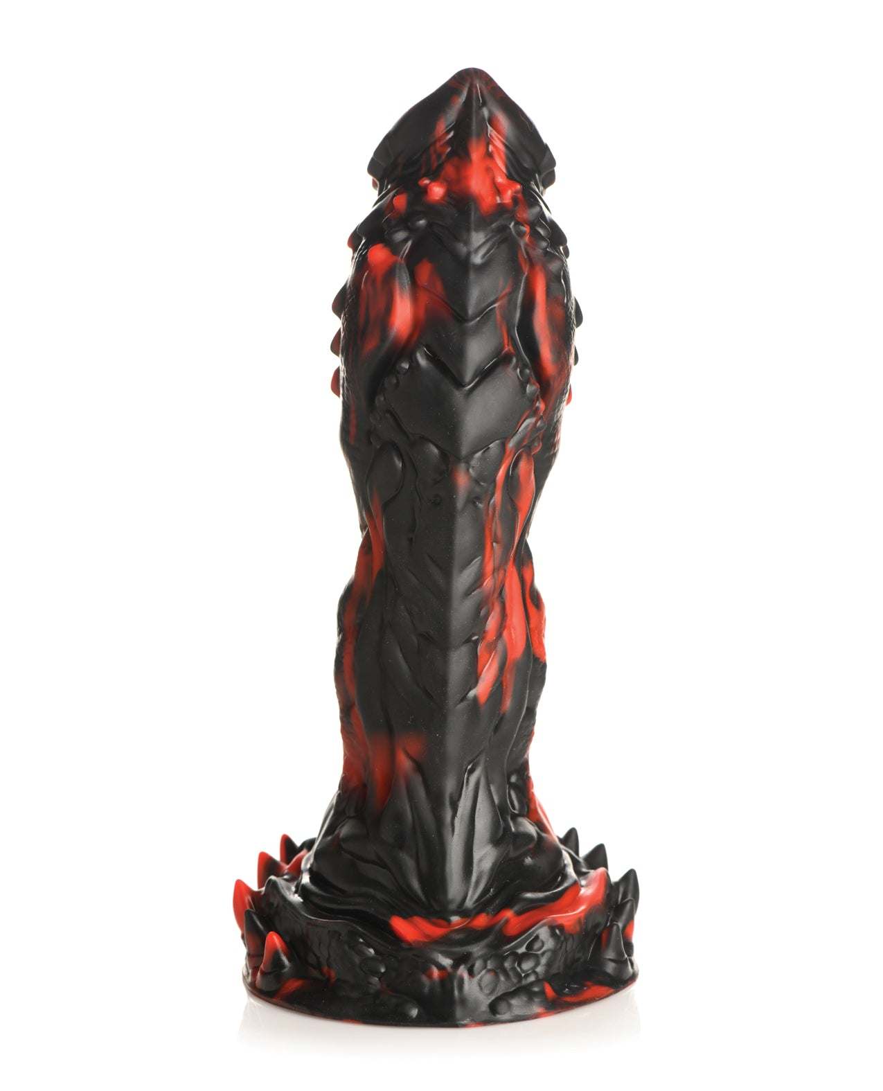 Black and red textured silicone dildo with spikes and suction cup base, Creature Cocks Grim Reaper design