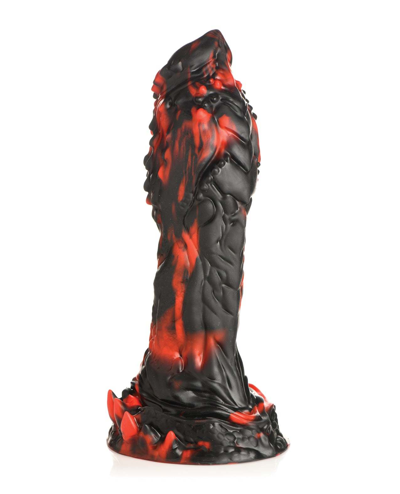 Creature Cocks Grim Reaper Silicone Dildo in red and black with textured ridges, spikes, and suction cup base for hands-free use.
