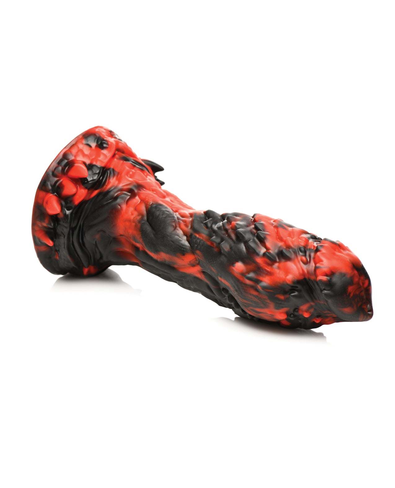 Red and black Creature Cocks Grim Reaper silicone dildo with textured ridges, nubs, spikes, and suction cup base for hands-free use