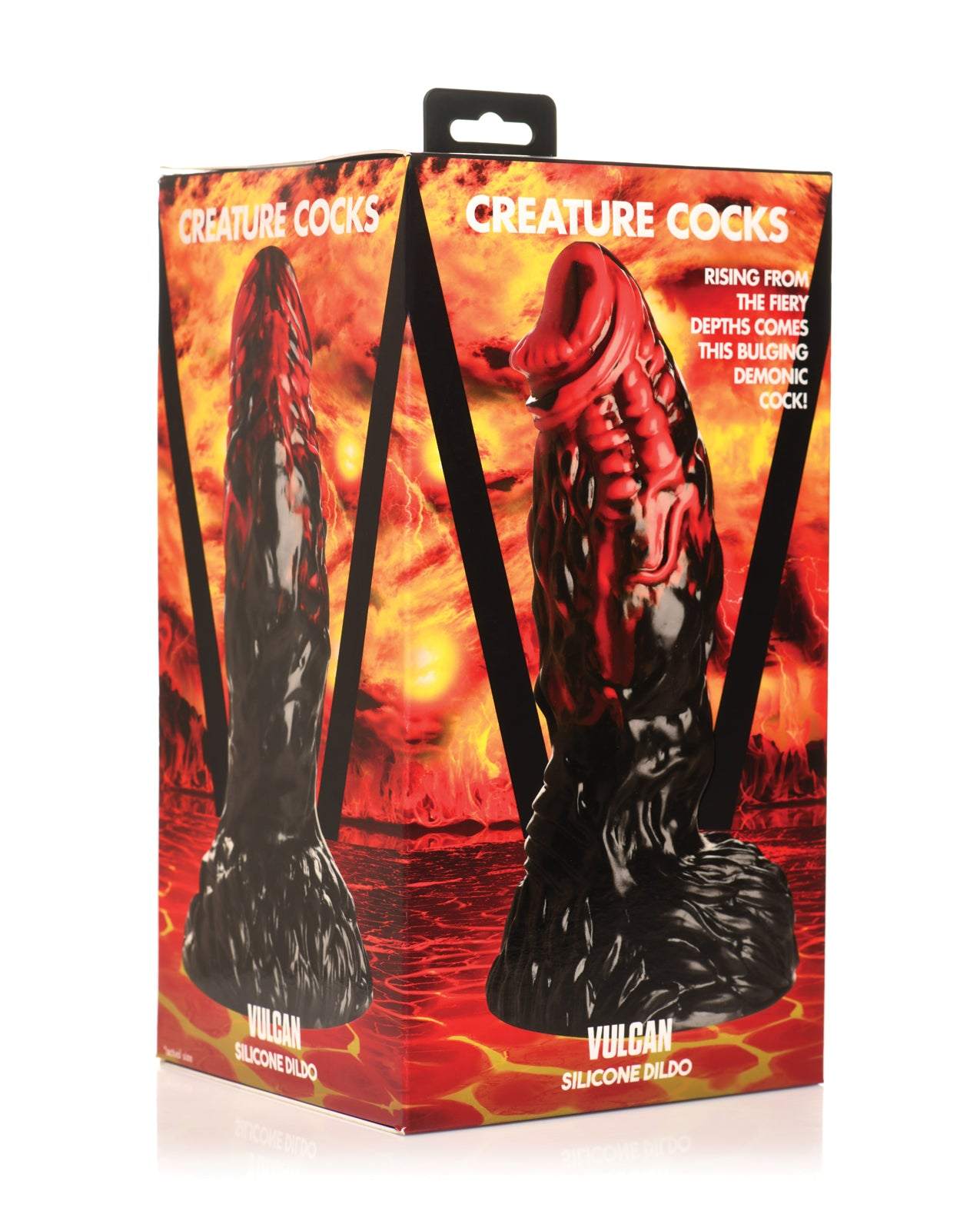 Creature Cocks Vulcan Silicone Dildo in black and red with textured design and suction base packaging against fiery background