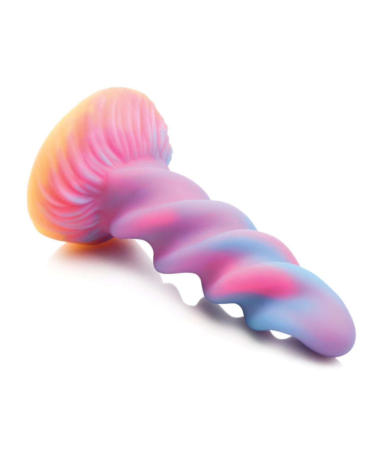 Creature Cocks Moon Rider unicorn dildo with spiral horn, vibrant colors, and glow-in-the-dark silicone design.