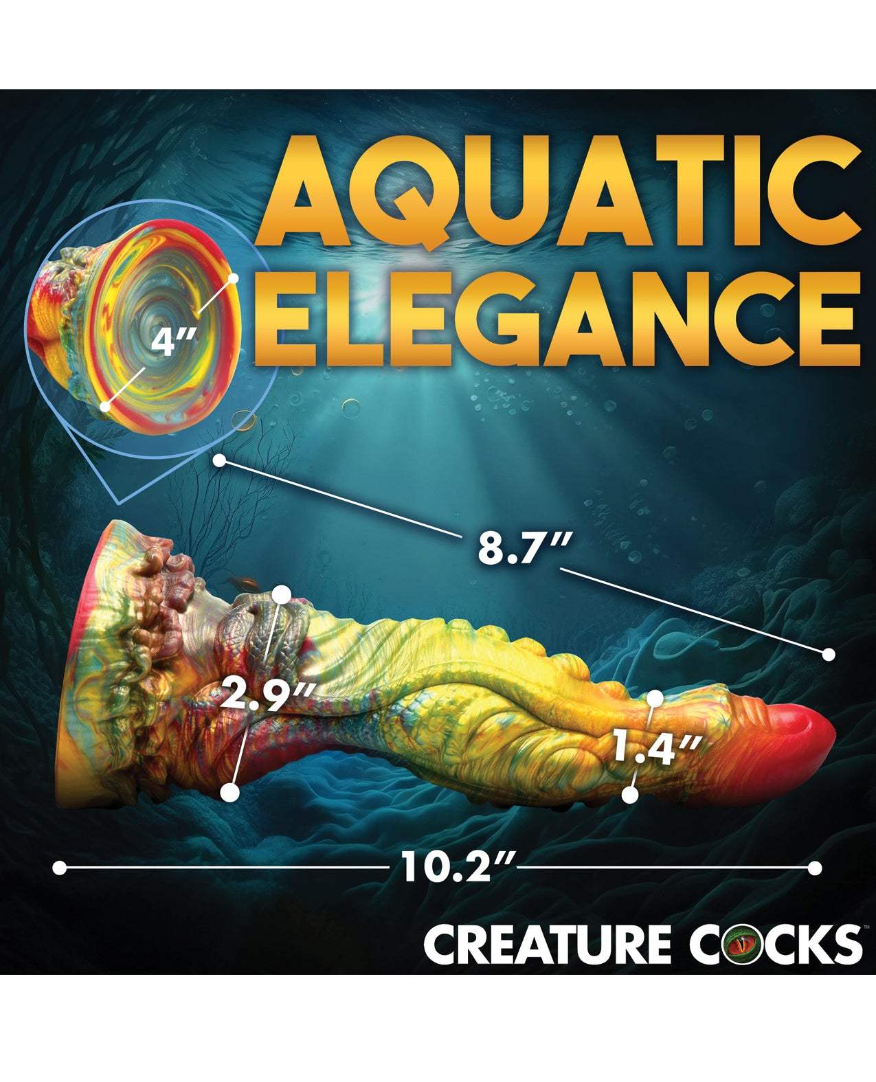 Creature Cocks Majestic Merman multi-color silicone dildo with unique aquatic design and suction base, 10.2 inches long.