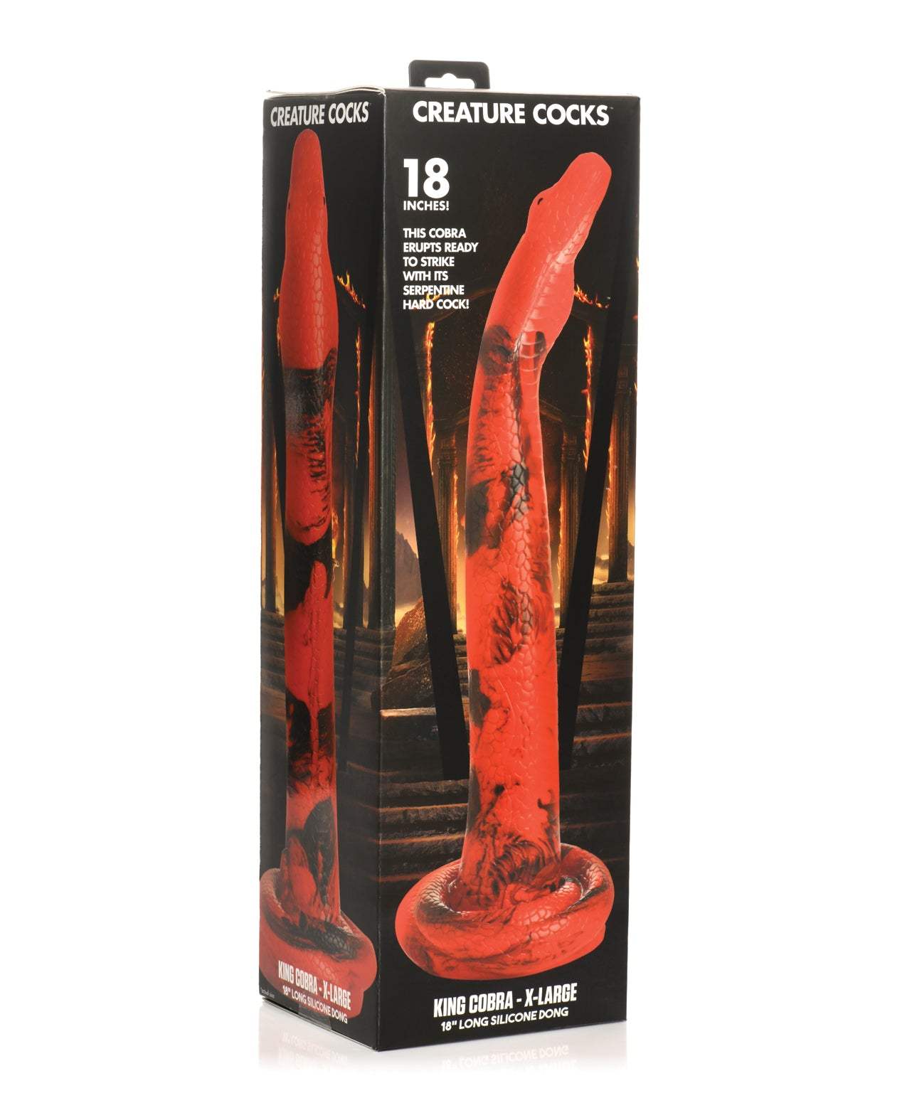 Creature Cocks King Cobra X-Large 18-inch red and black silicone dildo with cobra head and suction base packaging