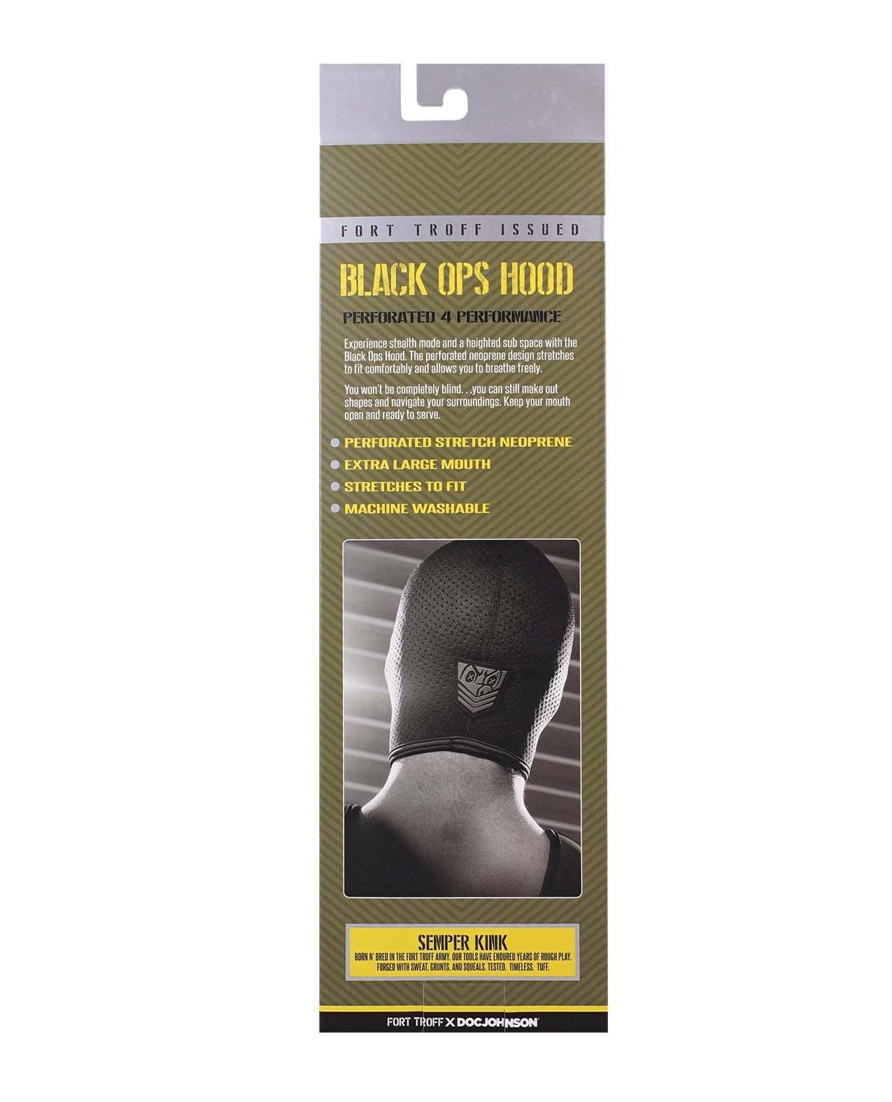 Packaging of Fort Troff Black Ops Hood large black perforated neoprene mask with breathable design and extra-large mouth opening