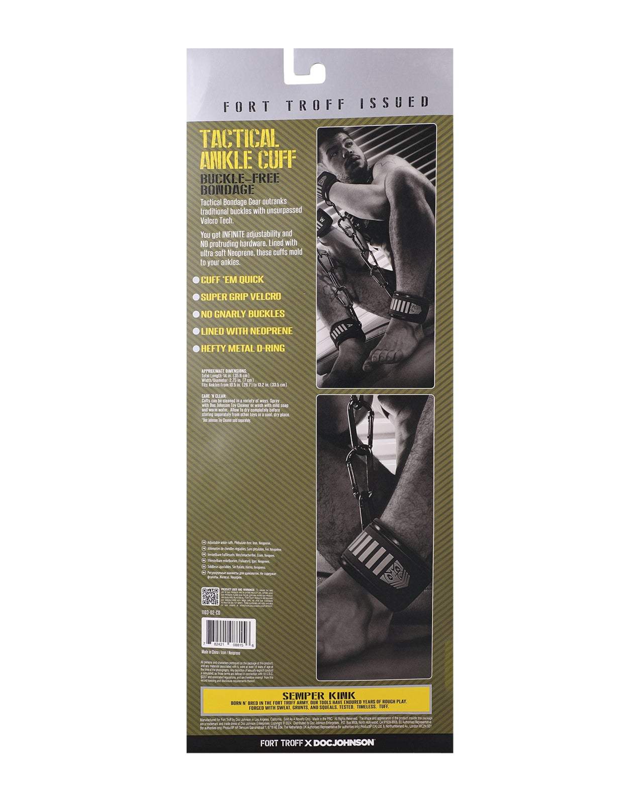 Packaging of Fort Troff Tactical Ankle Cuffs in black and green with buckle-free Velcro and neoprene lining for adjustable tactical bondage gear