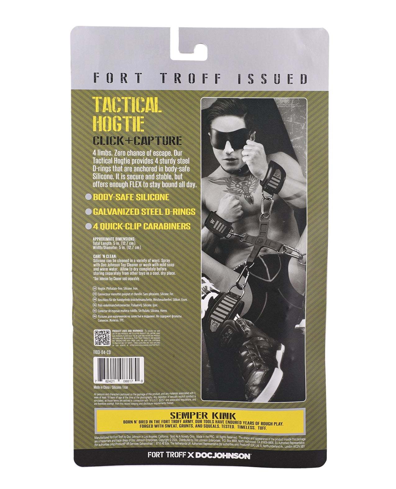 Fort Troff Tactical Hogtie packaging showing black silicone hogtie with four steel D-rings and quick-clip carabiners for secure restraint